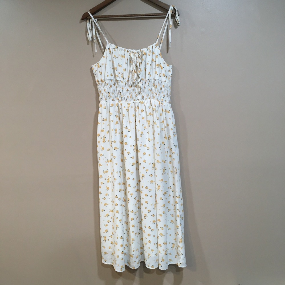 Floral Babydoll Midi Dress Women XL White Yellow Cottage Dainty Prairie Feminine